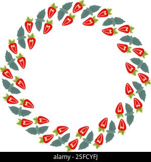 Metà fragola e foglie di menta bordo circolare della cornice. Concetto di modello per l'ora legale Fruit Copy pace. Illustrazione vettoriale isolata schede tematiche o di menu, sfondo di opuscoli, banner promozionali per etichette o Web Illustrazione Vettoriale