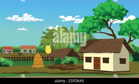 Cortile di case rurali asiatiche con pelo di ehi, stalle, cespugli, finocchi, alberi, capanne e campo verde sotto un cielo nuvoloso blu Illustrazione Vettoriale