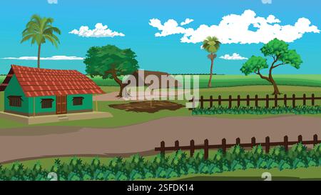 Illustrazione vettoriale di un villaggio stradale con mucchio, casa di fango, palme accanto a un campo verde e sotto un cielo nuvoloso blu Illustrazione Vettoriale