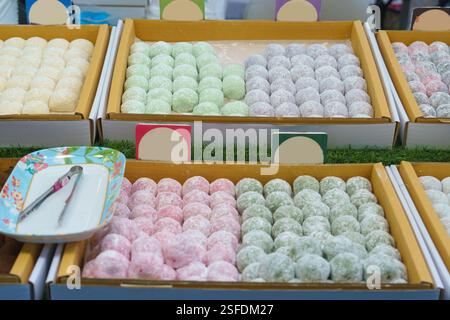 Primo piano di mochi giapponesi assortiti in tonalità pastello (bianco, verde, rosa e viola) disposti in modo ordinato in vassoi. La consistenza morbida e gommosa, leggera Foto Stock