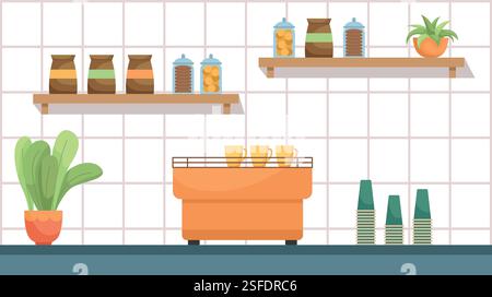 Immagine vettoriale di un bar con una macchina per il caffè, tazze di carta e un fiore in vaso. Ripiani a parete con confezioni di chicchi di caffè e vasetti di vetro di biscu Illustrazione Vettoriale