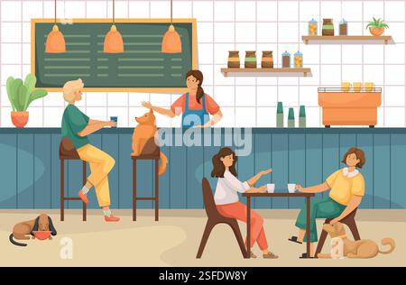 Immagine vettoriale di un bar che accetta cani. Il barista sta sta parlando con un cliente con un cane al bar. Un dachshund mangia il cibo da una ciotola in un caffè. Due fr Illustrazione Vettoriale