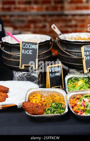 Una cucina vegana in stile mercato che mostra riso al cocco, ciotole vegane e vari piatti a base vegetale in contenitori di alluminio Foto Stock