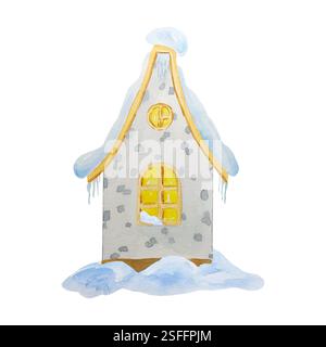 Illustrazione invernale della casa in acquerello. Disegnato a mano come elemento orizzontale da utilizzare nella creazione di motivi, nella stampa di elementi per interni e piatti. W Foto Stock