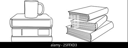 libri con tazza un disegno a linea continua su sfondo bianco, vettoriale Illustrazione Vettoriale