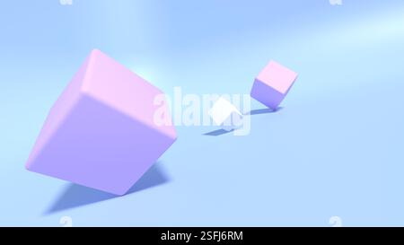 rendering 3d di cubi colorati dinamici. forme rosa e bianche su sfondo blu Foto Stock