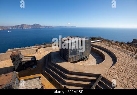 Vista generale di uno dei cannoni della batteria di Castillitos a Cabo Tioso a Cartagena, regione di Murcia, Spagna Foto Stock