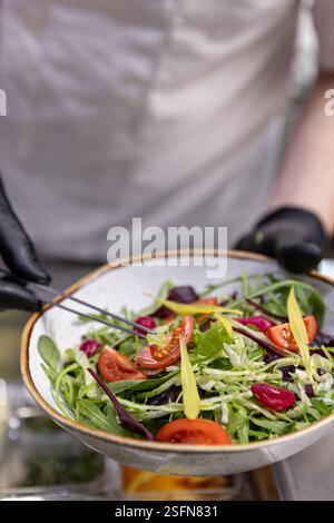 Chef professionista che aggiunge tocchi finali a un'insalata vivace, primo piano Foto Stock