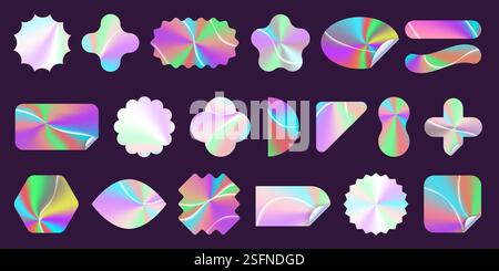 Etichette olografiche. Adesivi realistici con sfumature arcobaleno con timbro, brillanti badge iridescenti in vendita, cartellino prezzi e logo olografico del prodotto Illustrazione Vettoriale