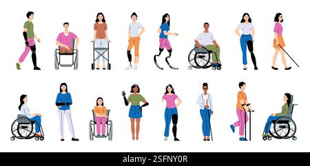 Persone diverse con disabilità che utilizzano sedie a rotelle, protesi, stampelle e canne. Indipendenza e stili di vita adattivi. Vettore piatto Illustrazione Vettoriale