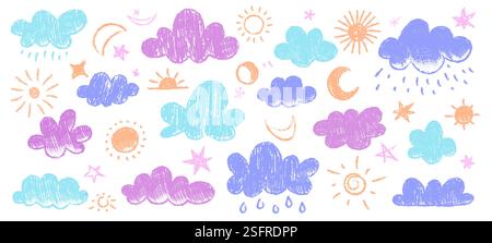 Pastello per bambini. Doodle, bambini, nuvole di sole, pioggia, neve e icone disegnate con gesso del vento, simpatici simboli meteorologici con gesso colorato. colle isolato dal vettore Illustrazione Vettoriale