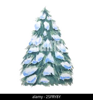 Abete e pino in acquerello di neve, illustrazione disegnata a mano. Natura nella foresta, abete innevato. Illustrazione isolata per la creazione di verricello Foto Stock