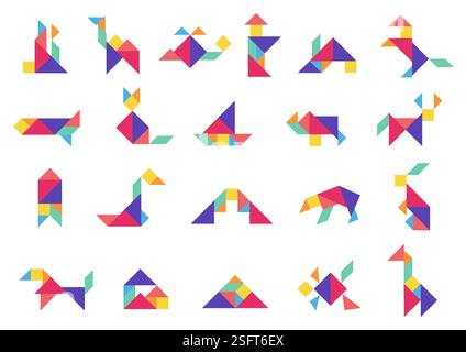 Puzzle di Tangram. Gioco di dissezione geometrica con forme triangolari colorate, figure geometriche astratte a mosaico logico per bambini. Set isolato con tangramma vettoriale. Illustrazione Vettoriale