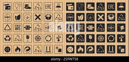 Simboli di sicurezza dell'imballaggio. Adesivi per trasporto merci con fragili, maneggiare con cura, non impilare, mantenere asciutti, frecce rivolte verso l'alto icone di spedizione. Vettore i Illustrazione Vettoriale