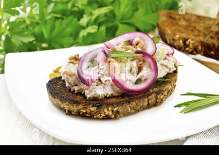 Insalata di salmone, peziolo sedano, uvetta, noci, cipolle rosse e formaggio su fette di pane tostato con insalata verde su una targhetta sulla tavola di legno backgr Foto Stock