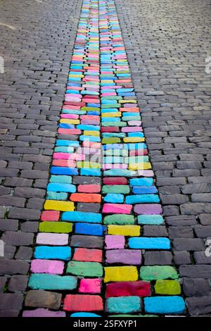 Una strada vivace a Metz, Francia, con ciottoli dipinti in tutti i colori dell'arcobaleno, che creano una vivace e artistica scena urbana. Foto Stock