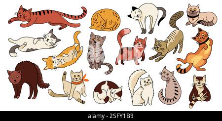 Carino gatto domestico. Cartoni animati divertenti gattini con diverse emozioni e pose di gatto, adorabili personaggi di cuccioli in varie azioni. Colore vettoriale Illustrazione Vettoriale