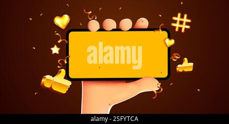 Simpatico smartphone portatile con cartoni animati e icona dorata dei social media. Concetto di marketing. Illustrazione vettoriale Illustrazione Vettoriale