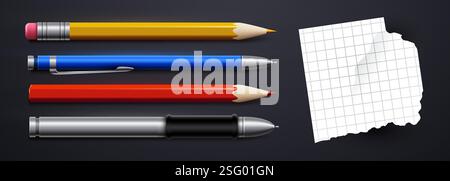Set di realistiche matite 3D ed eleganti penne a sfera con carta per note isolata su sfondo scuro come oggetti scolastici. Illustrazione vettoriale Illustrazione Vettoriale