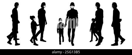 Concetto vettoriale silhouette concettuale uomini che passano il tempo con i bambini mentre distanziano sociale come mezzo di prevenzione e protezione contro coronaviru Illustrazione Vettoriale