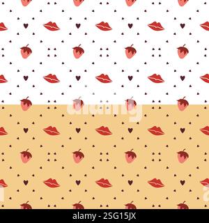 Griglia a scacchi Doodle senza cuciture. Illustrazione disegnata a mano in stile cartoni animati, simpatici simboli cuori, labbra, fragola. Tavolozza di colori rosa-rosso Illustrazione Vettoriale