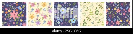 Bel giardino. Disegno della natura, modello primaverile con piante estive. Texture decorativa astratta, design infantile senza cuciture. Tessuto decorativo, carta da rivestimento, carta da parati. Stampa per tessuti. Illustrazione vettoriale Illustrazione Vettoriale