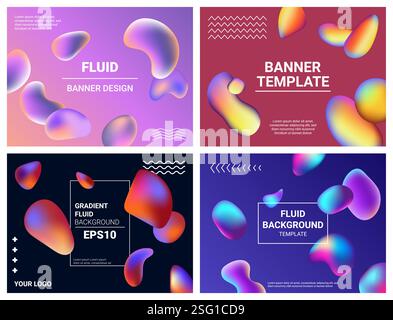Sfondo liquido impostato. Banner fluido invito design minimale. Modello sfumatura. Bolle astratte. Forme dinamiche, sfondo grafico geometrico neon. Cornice con spazio di copia. Blob e Drop. Gruppo vettoriale Illustrazione Vettoriale