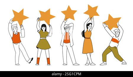 Persone con le stelle. Premio positivo Happy Community, recensione del servizio clienti. Uomo dei personaggi della squadra, premio del vincitore. Valutazione sul sito Web e sui social media. Illustrazione isolata in stile cartoni animati vettoriali Illustrazione Vettoriale