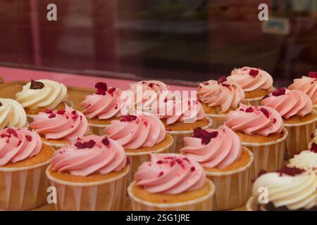 Una selezione di deliziosi cupcake con glassa rosa e bianca, ricoperti di frutti rossi schiacciati. I cupcake sono disposti ordinatamente in fila, mostrando t Foto Stock