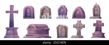 Lapide tombale. Cimitero. Cimitero gotico. Spaventose forme di obelisco. Lapide RIP. Croce celtica, tomba ed epitaffio. Spaventoso mausoleo di granito. Orrore di Halloween. Set di monumenti funebri vettoriali Illustrazione Vettoriale