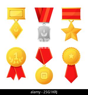 Medaglia del vincitore. Raccolta dei segnali di garanzia di qualità. Premio al primo posto per il business e lo sport. Design distintivo. Simbolo di vittoria degli obiettivi di raggiungimento. Illustrazione della leadership isolata in stile piatto dei cartoni animati vettoriali Illustrazione Vettoriale