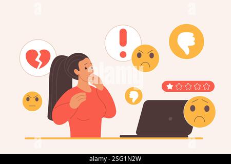Cyber bullismo, odiatori del blog con antipatia, messaggi negativi e trolling. Piccolo blogger infelice con stress e cuore spezzato che guarda i pollici e i volti tristi nell'illustrazione vettoriale dei cartoni animati SMS Illustrazione Vettoriale