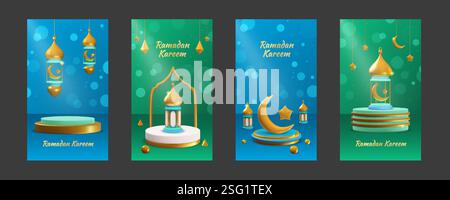Storia del Ramadan. podio di prodotti 3d, lanterna d'oro islam o ketupat e mostra un voucher d'oro. Banner sui social media. Piattaforma di presentazione del prodotto. Tradizionale festa musulmana. Sfondo vettoriale Illustrazione Vettoriale