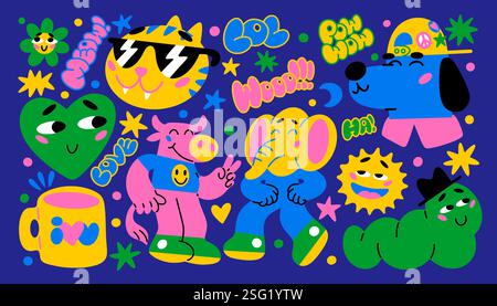Forme strane. Volto astratto di animali comici, poster geometrico a colori moderno e alla moda o collage colorato dinamico e contemporaneo. Mucca carina, elefante doodle e cane, collezione di adesivi. Progettazione di cartoni animati vettoriali Illustrazione Vettoriale