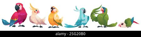 Pappagallo dei cartoni animati. Uccello volante. Macchia tropicale. Simpatico personaggio dell'ala del bambino. Piume colorate. Animali esotici. Divertente parakeet. Creatura aviana della giungla. Ara PET. Set di uccelli della foresta pluviale isolati dal vettore Illustrazione Vettoriale