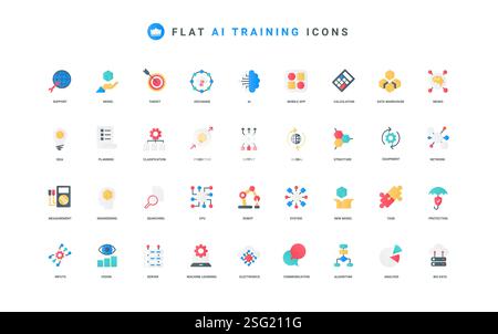 Set di icone a colori per l'apprendimento automatico, l'intelligenza artificiale, l'analisi automatica dei dati e la classificazione. Cervello digitale di robot e apparecchiature intelligenti, modello scientifico e illustrazione vettoriale degli elementi piatti dell'algoritmo Illustrazione Vettoriale