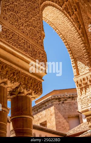 Arcata moresca ornata con incisioni arabe in pizzo illuminate dal vibrante sole spagnolo all'interno dell'incantevole Corte dei Leoni delle Alhambra Foto Stock