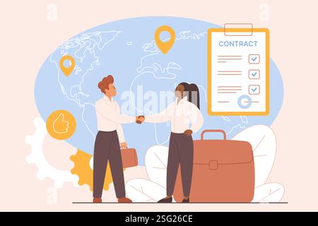 Contratto di lavoro con società straniere, internazionali, visto di lavoro e fuga di cervelli. Accordo di stretta di mano tra un piccolo dipendente e un datore di lavoro da una mappa del mondo e da un'illustrazione vettoriale di cartoni animati a contratto Illustrazione Vettoriale