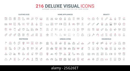 Set di icone per la bellezza, la casa e la città. Tabelle di guida per misurare carrozzeria, mobili ed elettrodomestici per gli appartamenti domestici, sottili simboli di contorno neri e rossi illustrazione vettoriale Illustrazione Vettoriale