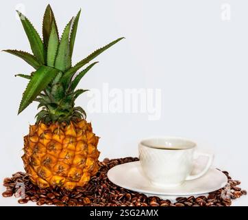 Mini ananas esotico ed elegante tazza da caffè bianco su un piattino, posizionato su un letto di chicchi di caffè torrefatti su sfondo bianco pulito Foto Stock