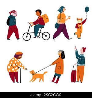 Gente di città che cammina, bicicletta, Dog Walking e viaggia Illustrazione Vettoriale