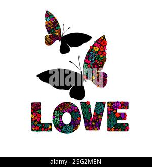 Testo ama farfalle e fiori. disegno a mano. Non IA. Illustrazione vettoriale Illustrazione Vettoriale