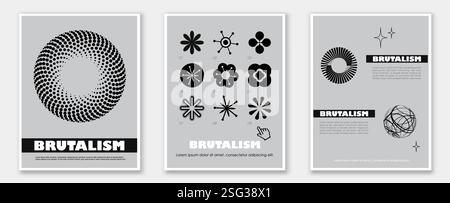 Set di poster in stile brutalista. Figure geometriche e ornamenti. Tipografia e brochure corporativa. Creatività e arte minimalista. Vettore piatto Illustrazione Vettoriale