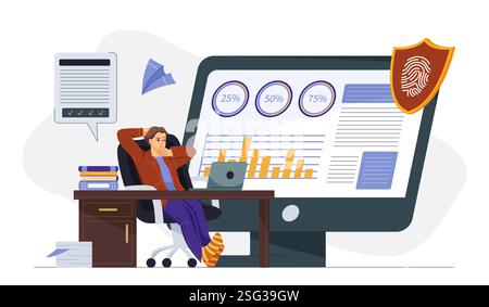 Uomo analista di dati. L'uomo dietro lo schermo del computer analizza grafici e grafici. Infografiche e visualizzazione dei dati. Analisi e statistiche, marketing Illustrazione Vettoriale