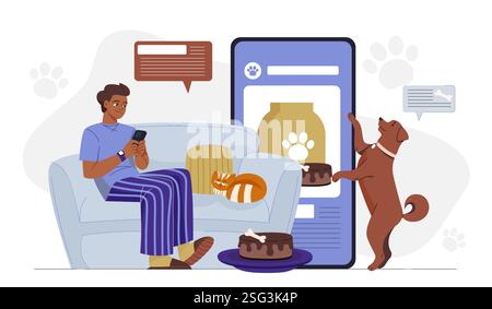 Servizi online per animali domestici. L'uomo con smartphone acquista cibo per il suo cane su Internet. Shopping online con consegna a domicilio. Trasferimenti e transazioni senza contanti Illustrazione Vettoriale