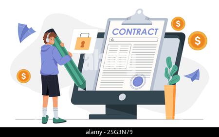 Uomo che firma un contratto. Giovane ragazzo con matita vicino al computer. L'utente inserisce la firma digitale nel contratto. Accordi e accordi su Internet. Contratto online Illustrazione Vettoriale