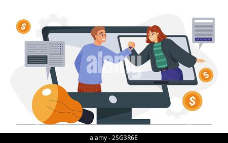 Squadra che lavora all'avvio. Uomo e donna che lavorano a un progetto d'affari. Collaborazione e cooperazione. Le persone lanciano la startup. Brainstorming e. Illustrazione Vettoriale