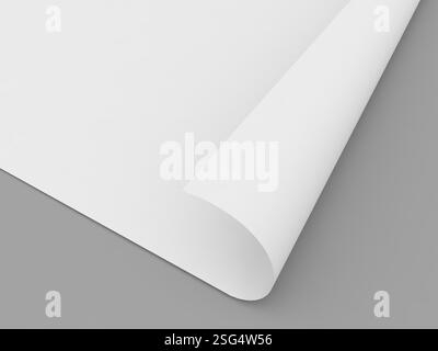 Un foglio bianco di carta bianca è arricciato sul bordo e si trova su una superficie grigia liscia. Questa impostazione suggerisce un ambiente per la scrittura, il disegno o pr Foto Stock