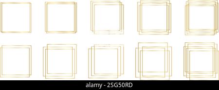 Set di cornici quadrate dorate. Bordi rettangolari lucidi, cornici decorative lucide, elementi di design per striscioni, biglietti d'invito o per matrimoni isolati su sfondo bianco. Illustrazione vettoriale. Illustrazione Vettoriale