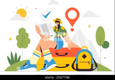 Illustrazione del vettore di viaggio con zaino in spalla, bagagli, mappe e fotocamere per avventure, turismo ed esplorazione su sfondo piatto Illustrazione Vettoriale